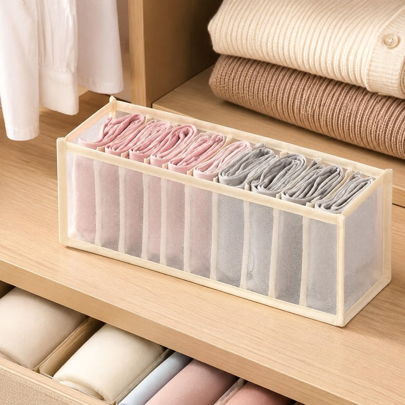 Beige 11-grid breathable mesh drawer organizer in closet