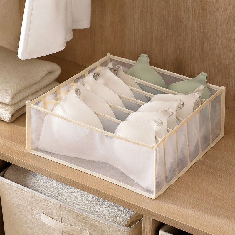 Beige 6-grid breathable mesh drawer organizer in wardrobe