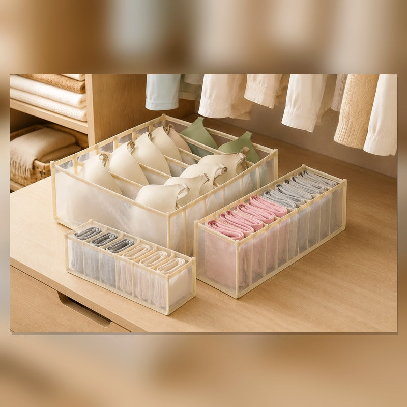 Beige essential 3-piece breathable mesh drawer organizer set in closet