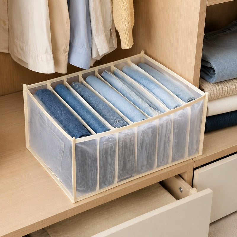 Beige large 7-grid breathable mesh drawer organizer in closet
