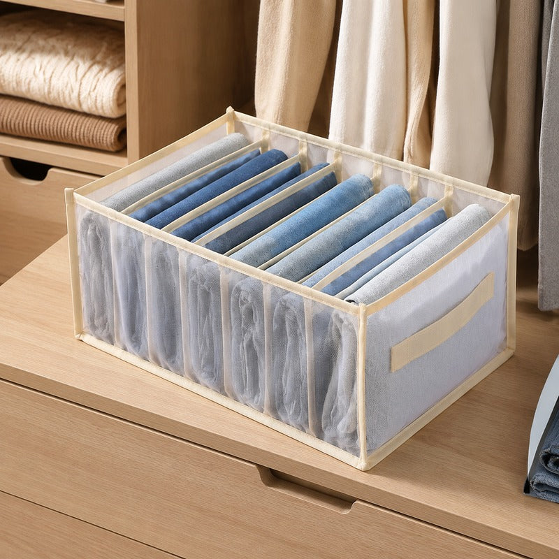 Beige large handheld 7-grid breathable mesh drawer organizer on drawer table