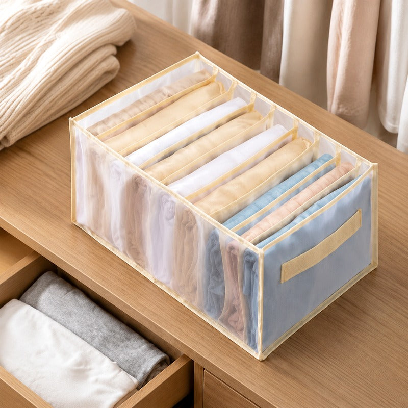 Beige large handheld 9-grid breathable mesh drawer organizer on drawer table