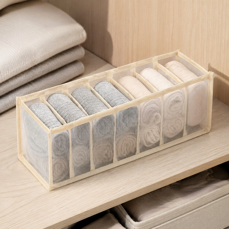 Beige medium 7-grid breathable mesh drawer organizer in wardrobe