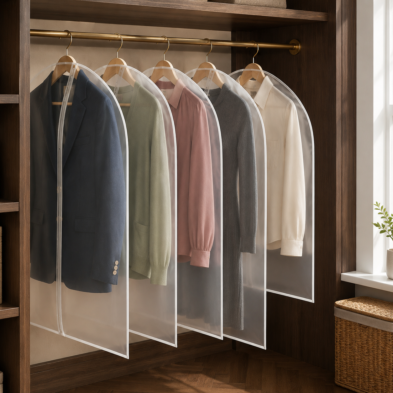 Clear PEVA garment covers with mixed jackets and shirts in a walnut wardrobe