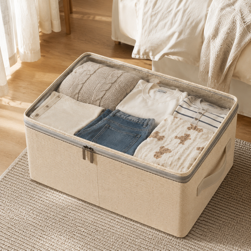 Clear-top linen fabric storage box filled with realistic folded clothes