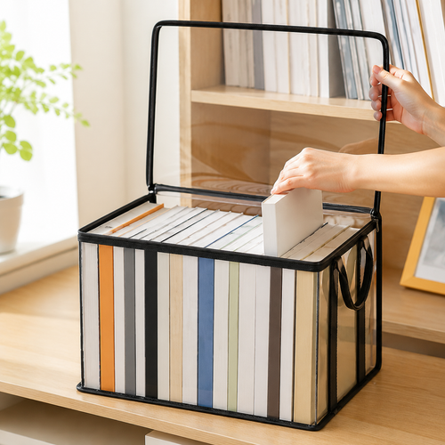 Clear PVC book storage bag with a clean home office background