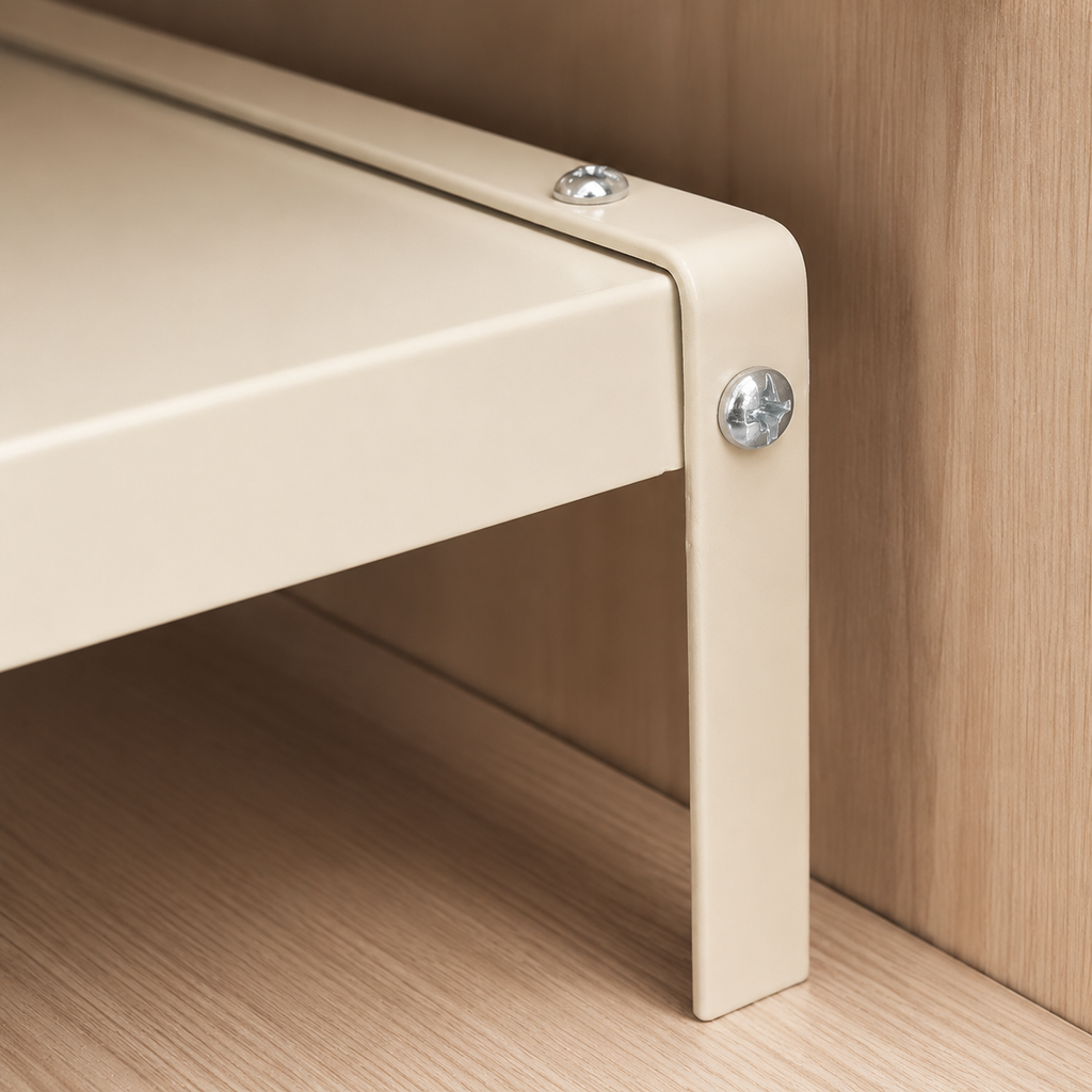 Corner screw detail on adjustable closet shelf organizer rack