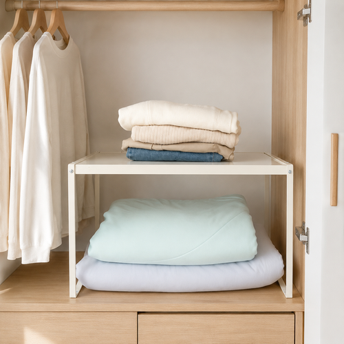 Closet shelf organizer separating folded sweaters bedding and hanging clothes