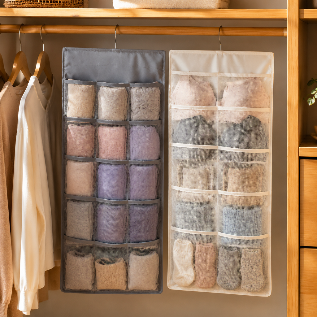 Gray and beige hanging underwear organizers with realistic socks and garments in a closet