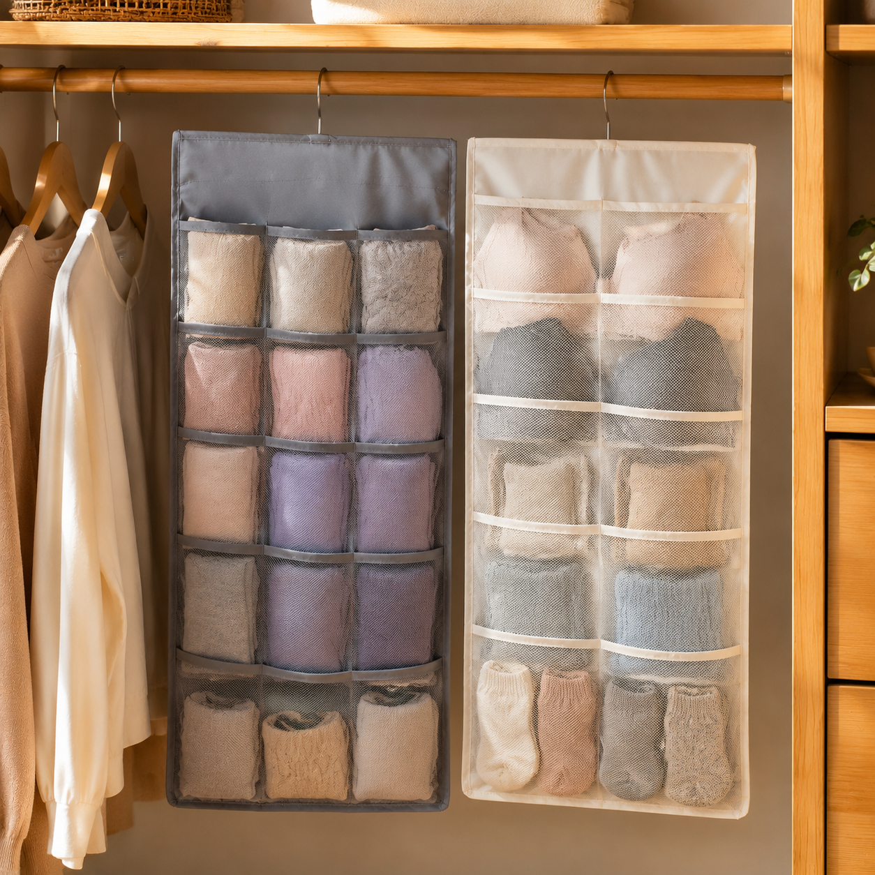 Gray and beige hanging underwear organizers with realistic socks and garments in a closet