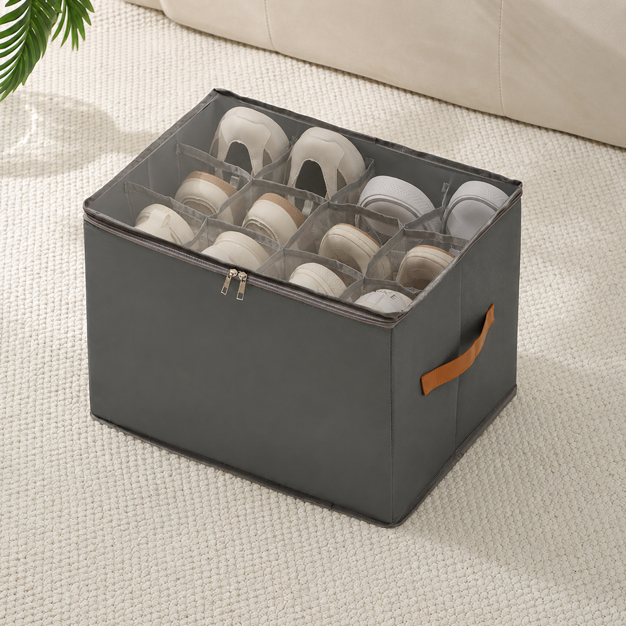 Grey foldable shoe storage box with clear lid and natural shoe storage