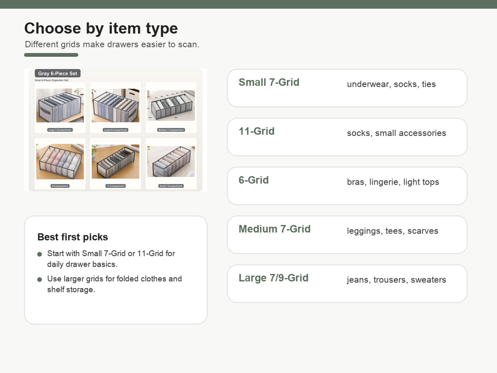 Grid selection guide for breathable mesh drawer organizers
