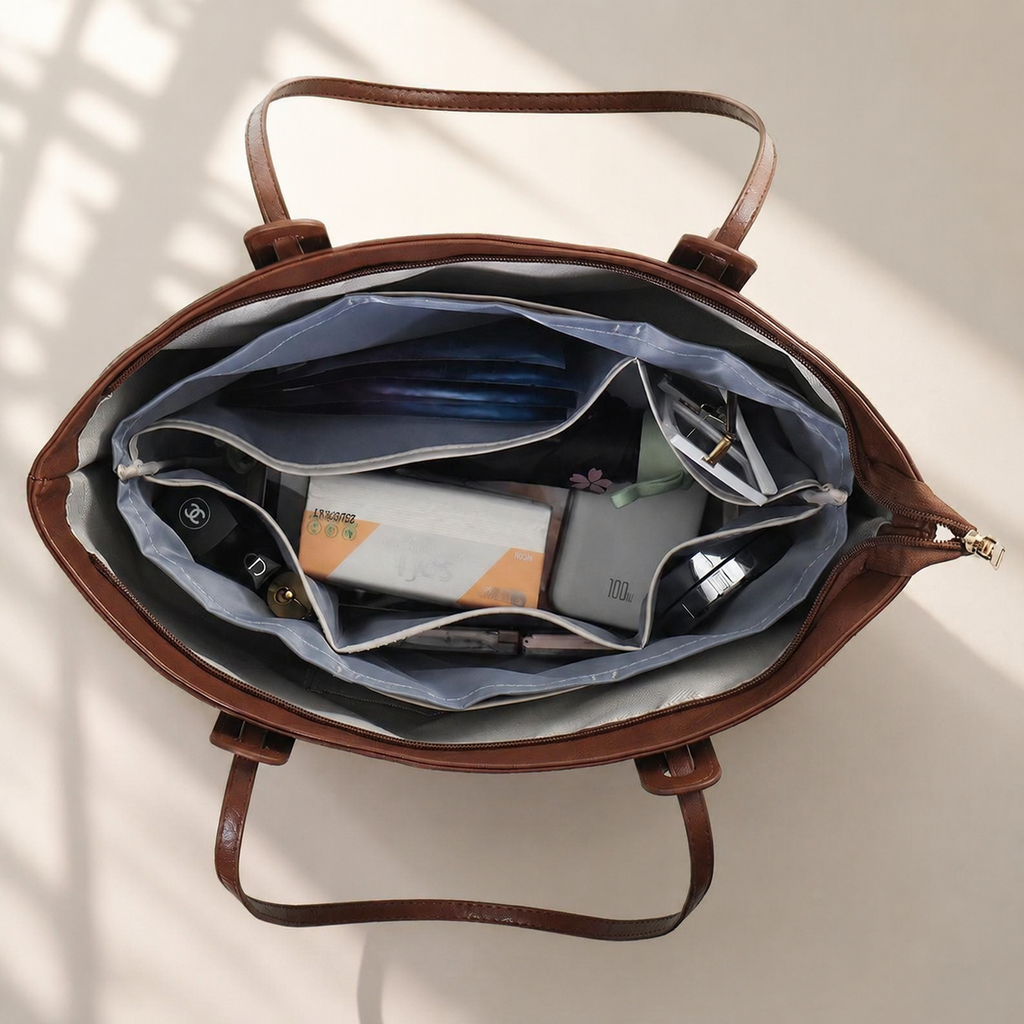 Purse organizer insert arranged inside a tote bag with everyday essentials