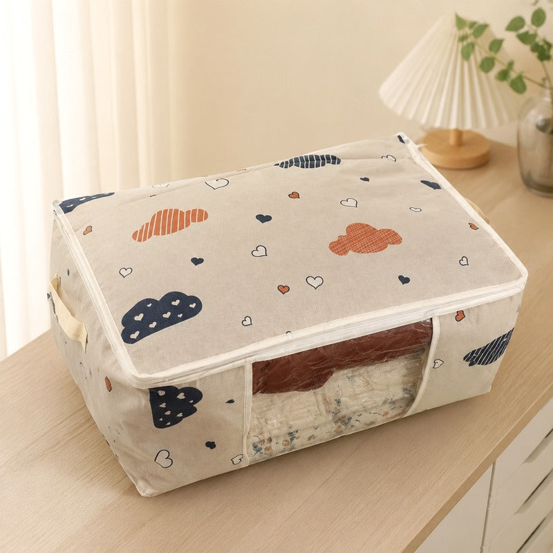 Cloud Heart bedding storage bag on a clean bedroom table