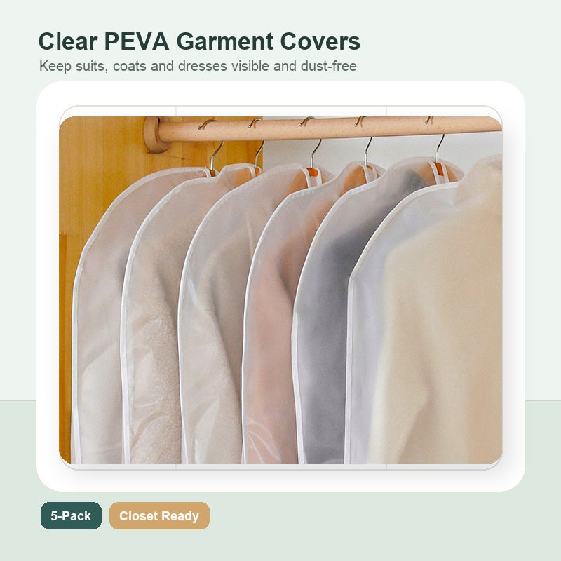 Clear PEVA garment covers for closet clothing storage