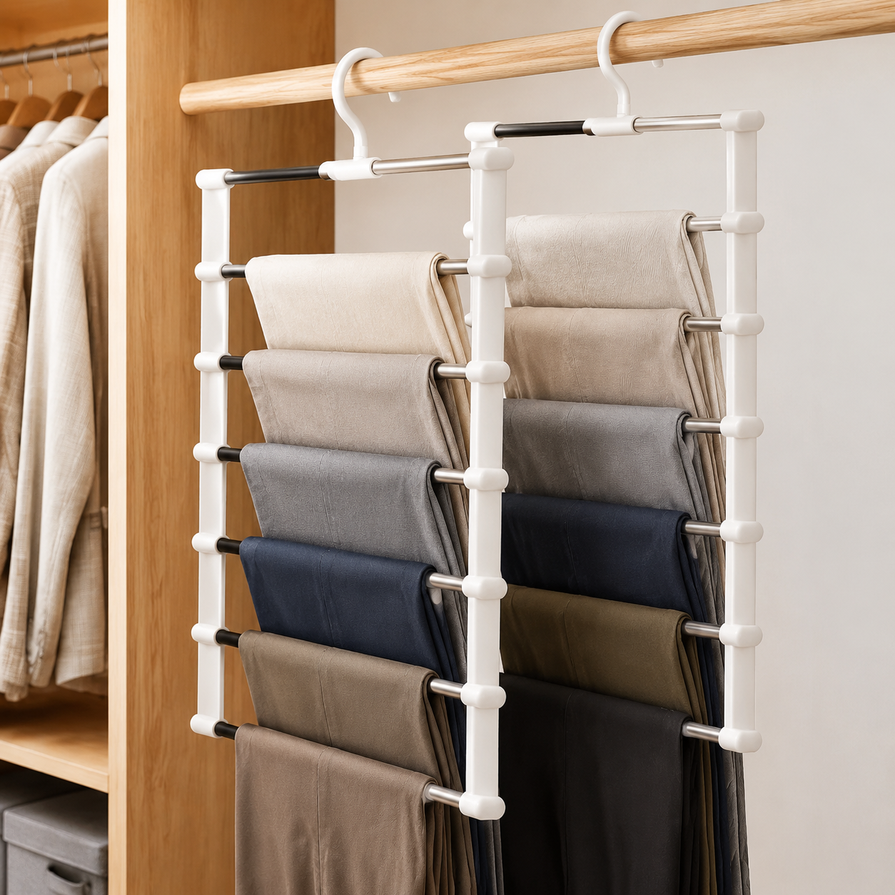 Multi-tier pants hangers organizing trousers in a closet