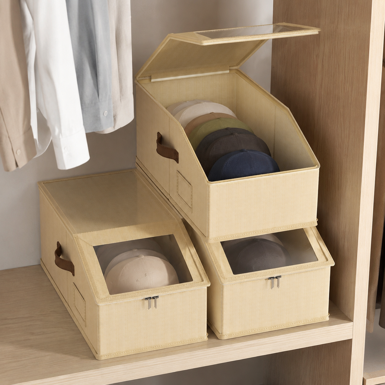 Foldable baseball cap storage boxes on a closet shelf with one open
