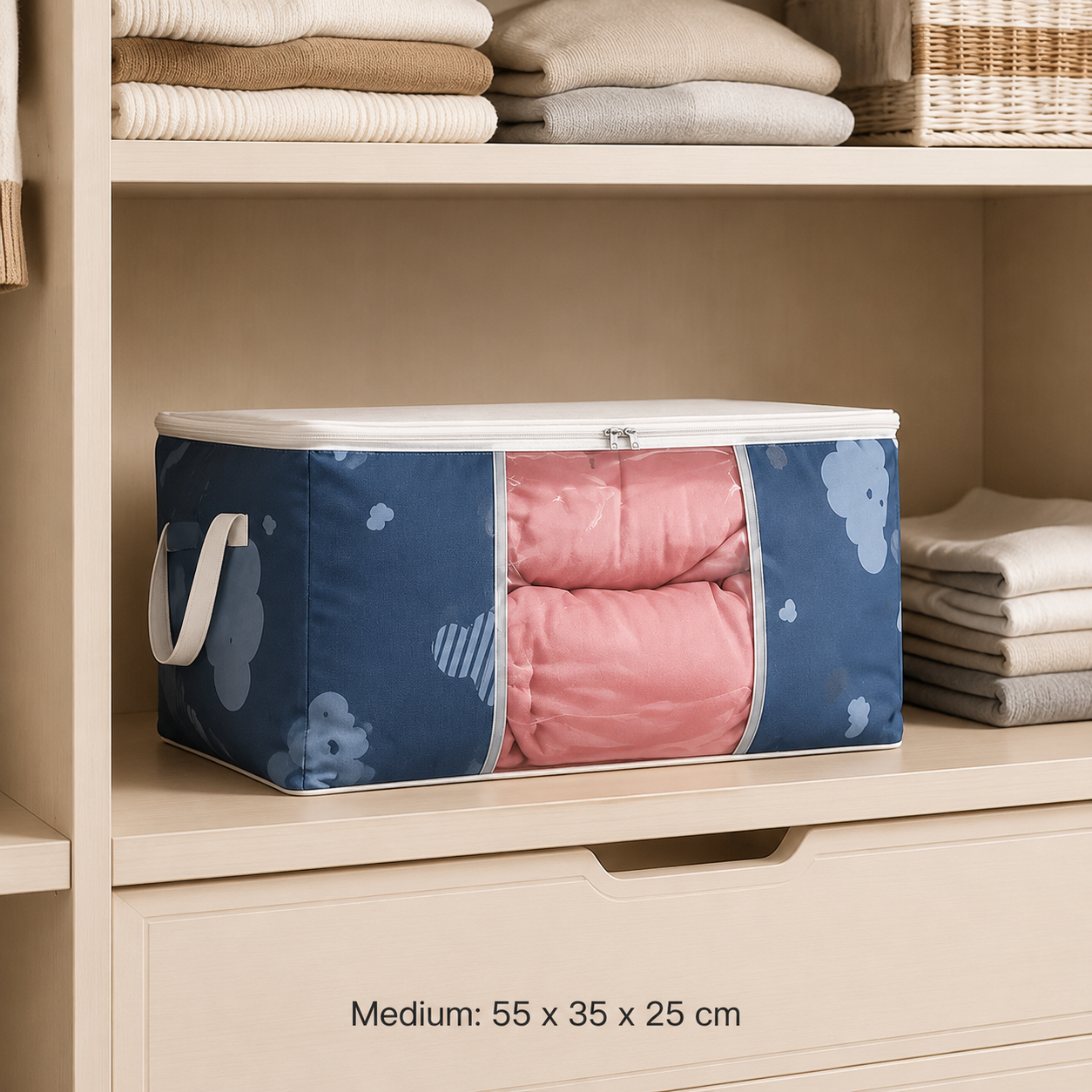 Cloud Heart Bedding Storage Bags with Clear Window, Foldable Closet Organizer for Blankets, Comforters, Clothes & Linens