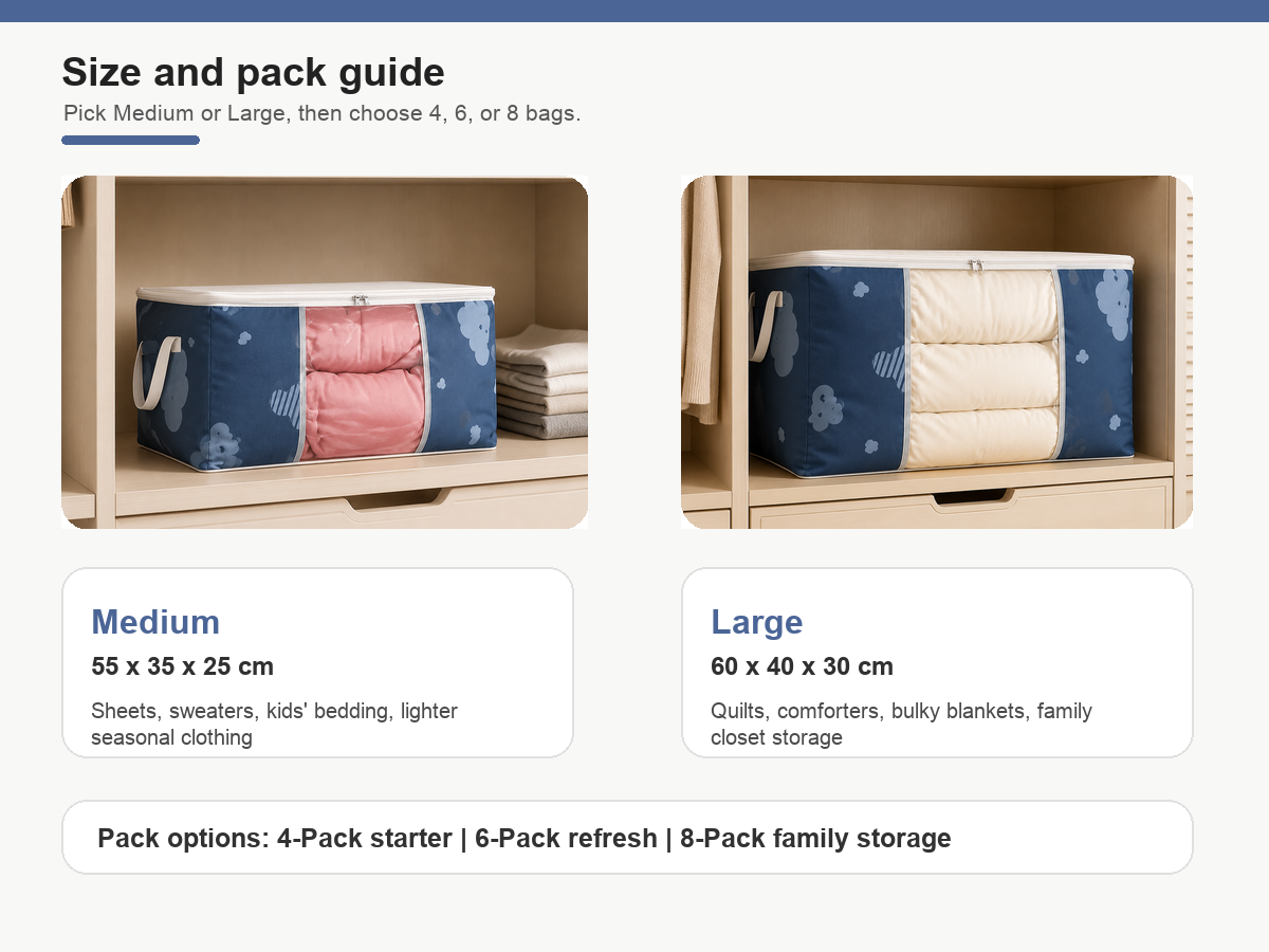 Size and pack count guide for Cloud Heart bedding storage bags