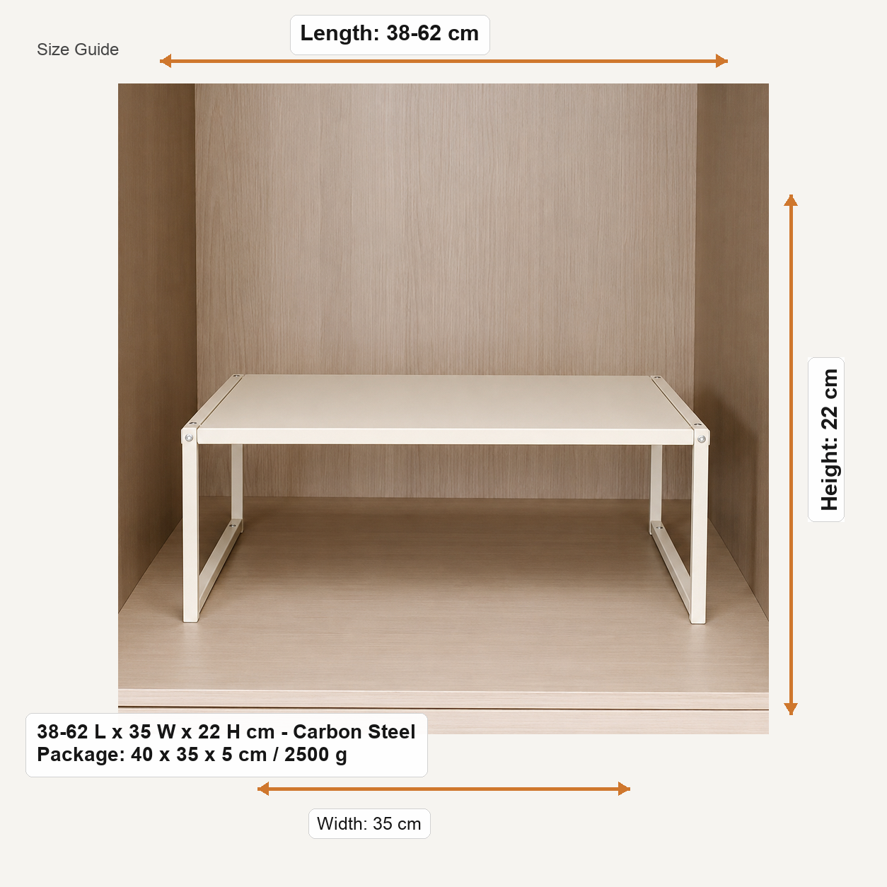 Size guide for 38-62 L x 35 W x 22 H cm - Carbon Steel