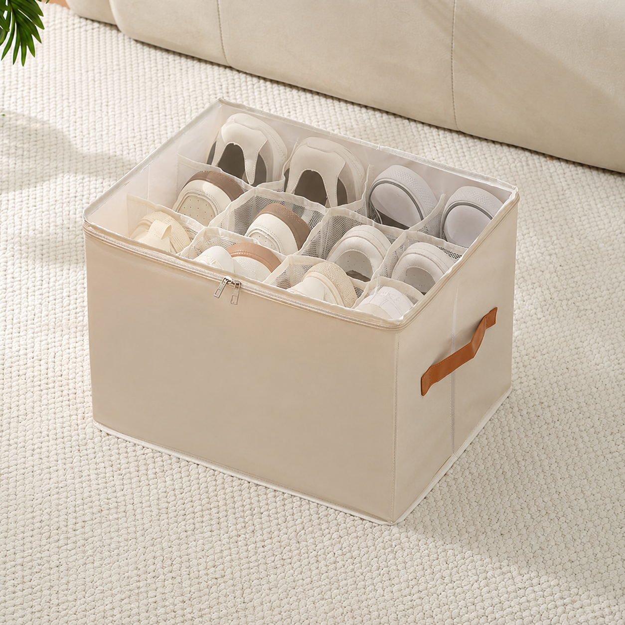 Beige foldable shoe storage box with clear lid and natural shoe storage