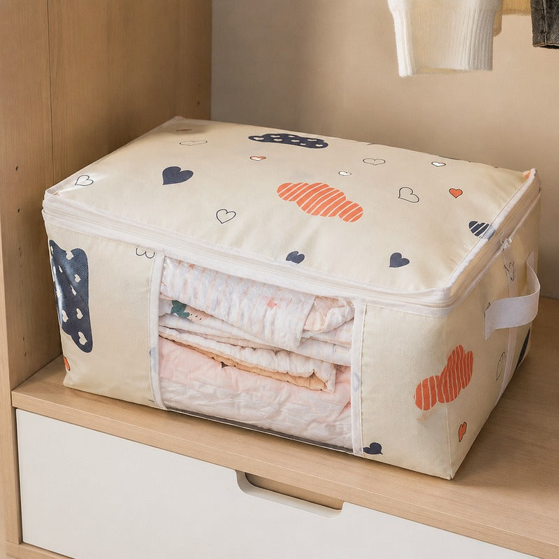 Beige Cloud Heart bedding storage bag in wardrobe with clear window