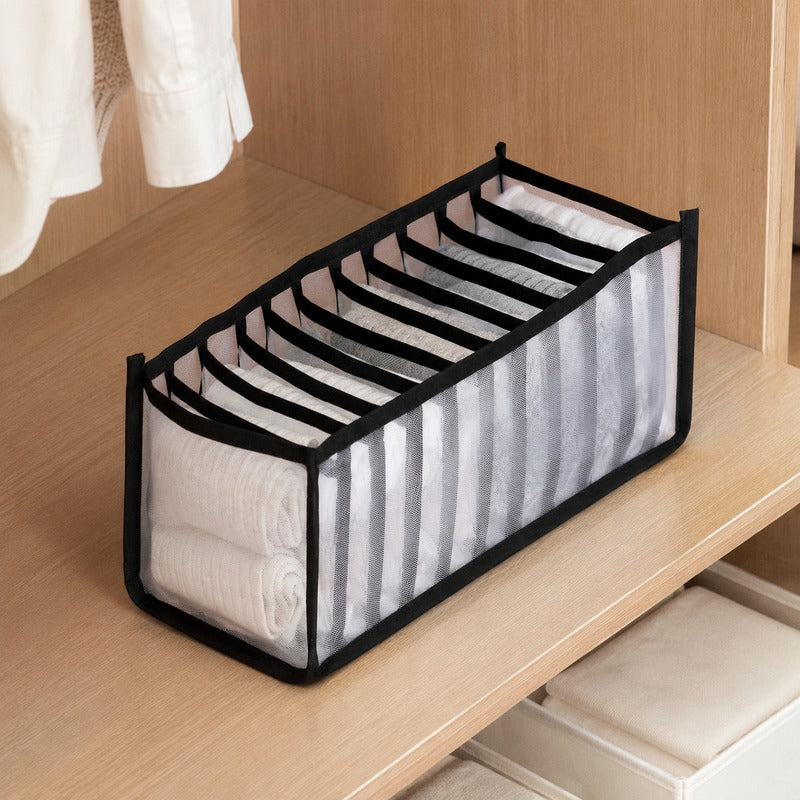 Black 11-grid breathable mesh drawer organizer in wardrobe