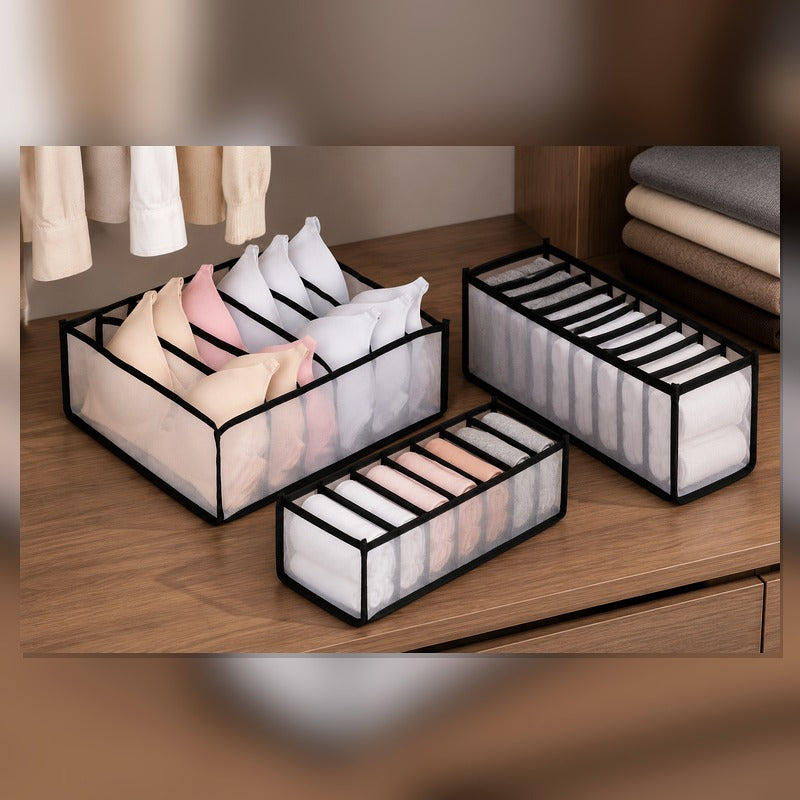 Black essential 3-piece breathable mesh drawer organizer set in closet