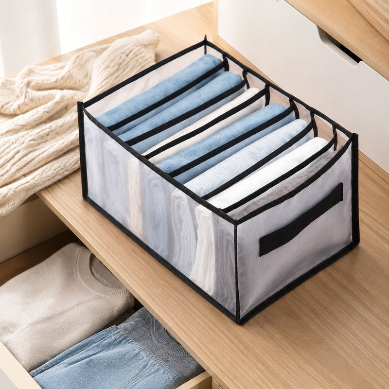 Black large handheld 7-grid breathable mesh drawer organizer on drawer table