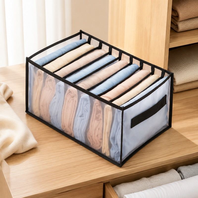 Black large handheld 9-grid breathable mesh drawer organizer on drawer table