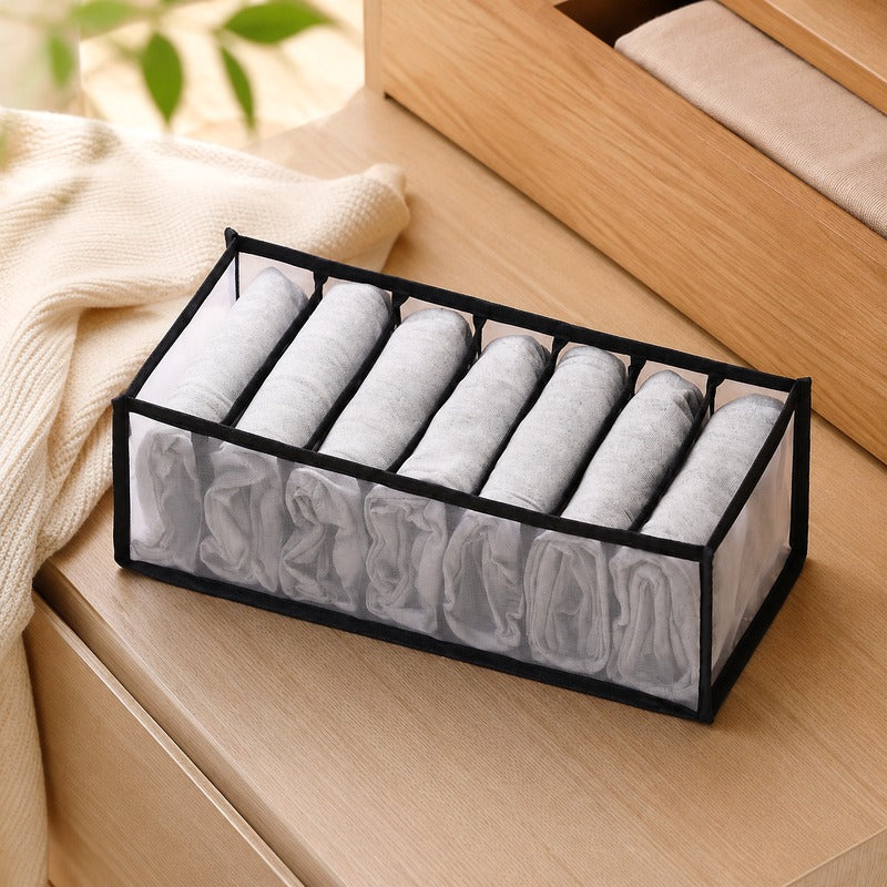 Black medium 7-grid breathable mesh drawer organizer on drawer table