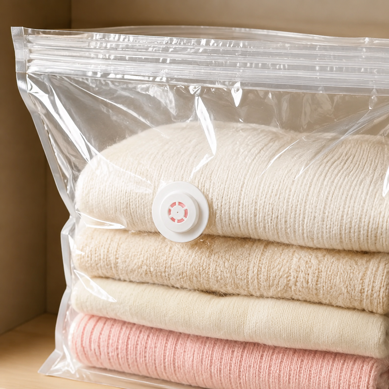 Close-up detail of the no-pump compression storage bag