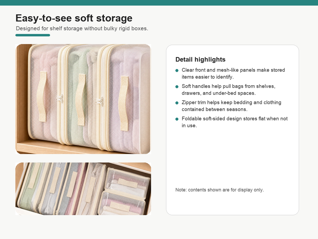 Feature details for clear foldable bedding storage bags with handles and zipper trim