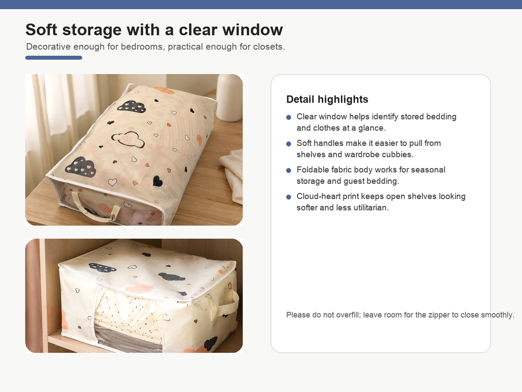 Feature details for Cloud Heart bedding storage bags with clear window and handles