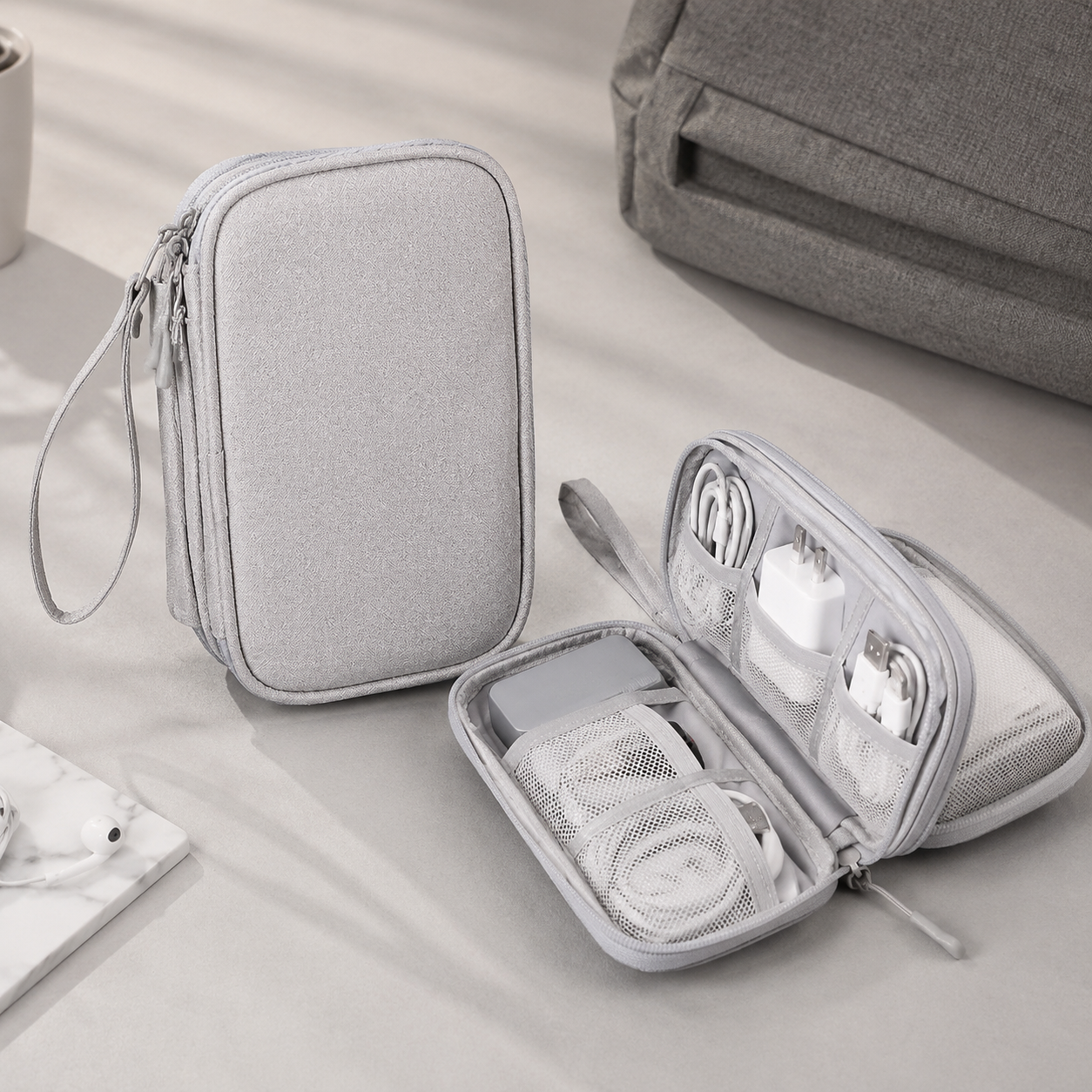 Light gray double-layer cable organizer pouch for travel accessories