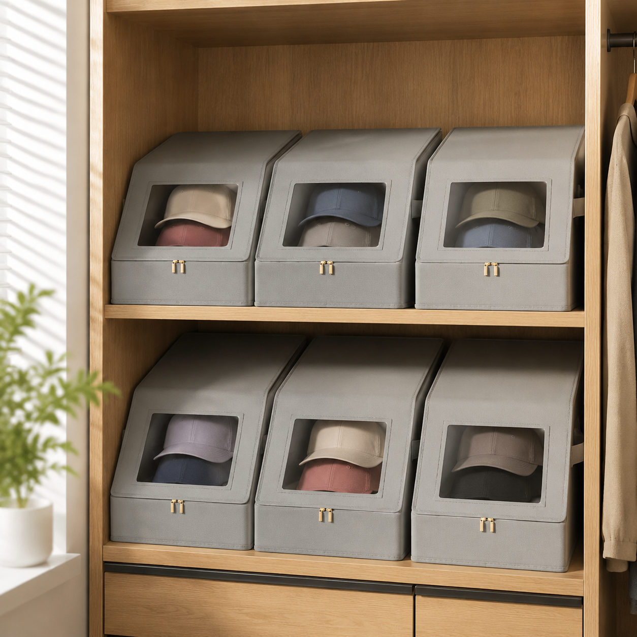 Light gray clear-window hat organizer boxes stacked on closet shelves