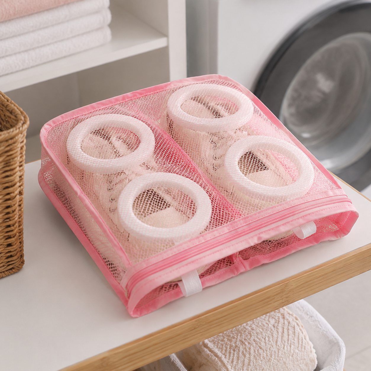 Medium pink mesh shoe washing bag for machine-washable sneakers
