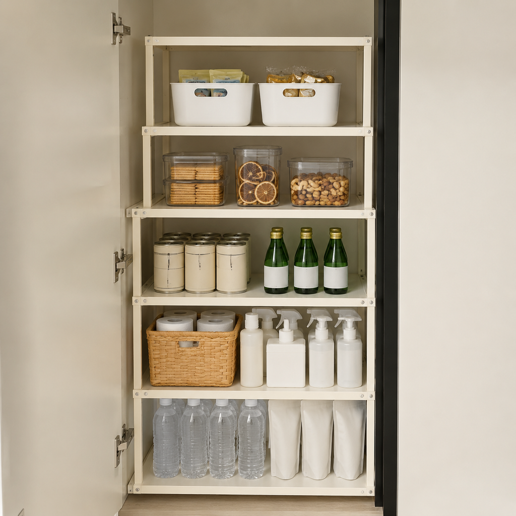 Adjustable shelf rack used inside a pantry cabinet for jars and bottles