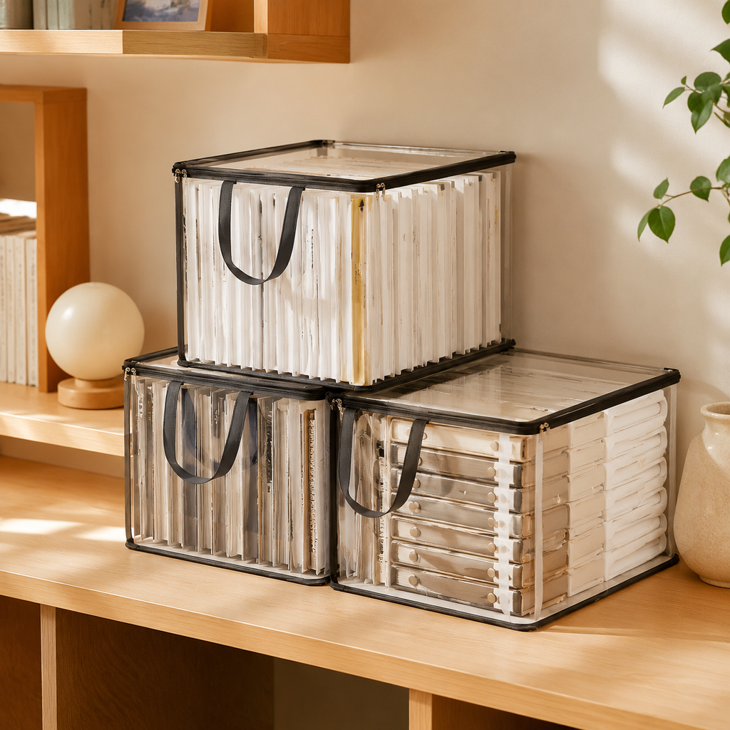 Stacked clear PVC document storage bags on a modern shelf