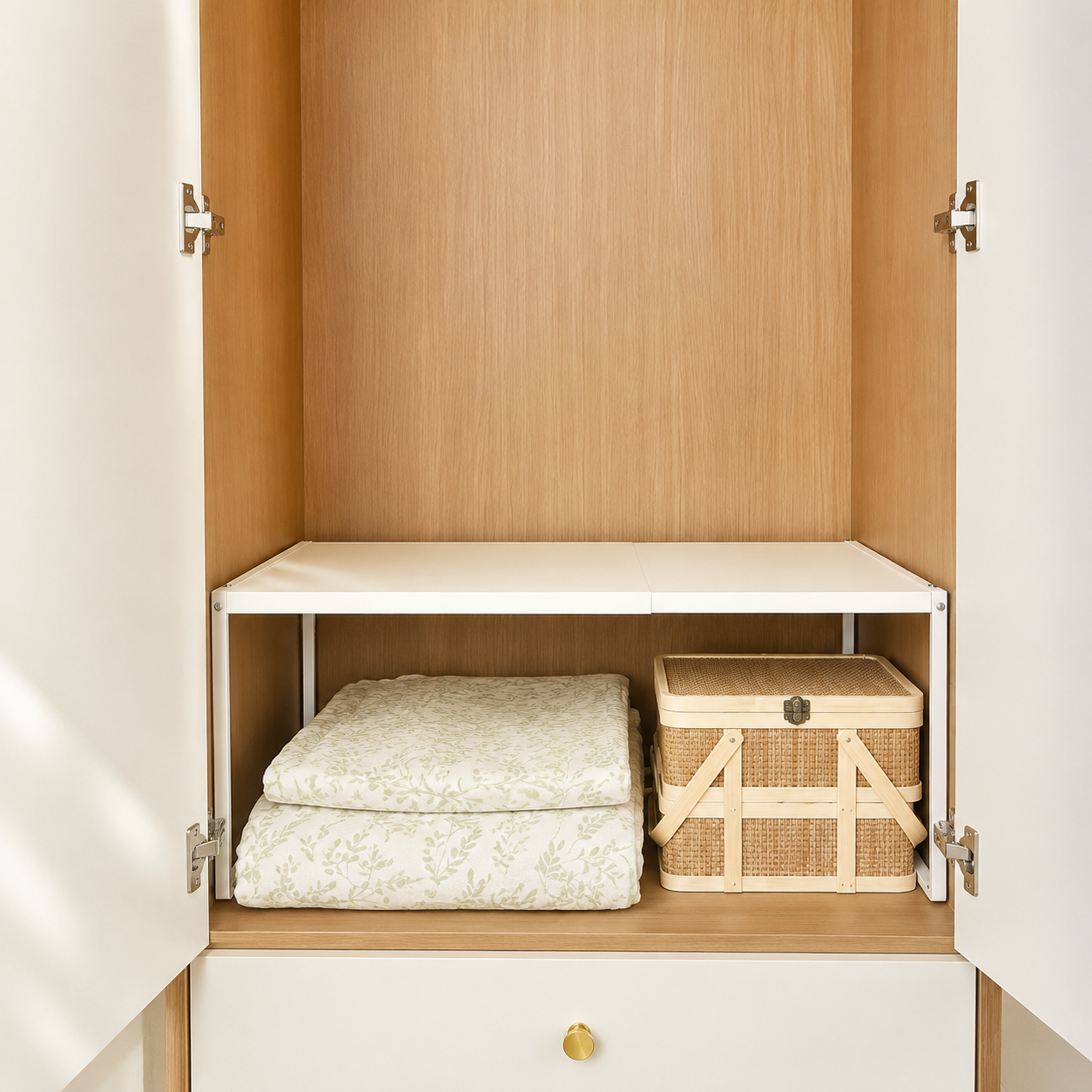 No-drill closet shelf rack with folded linens and woven basket storage