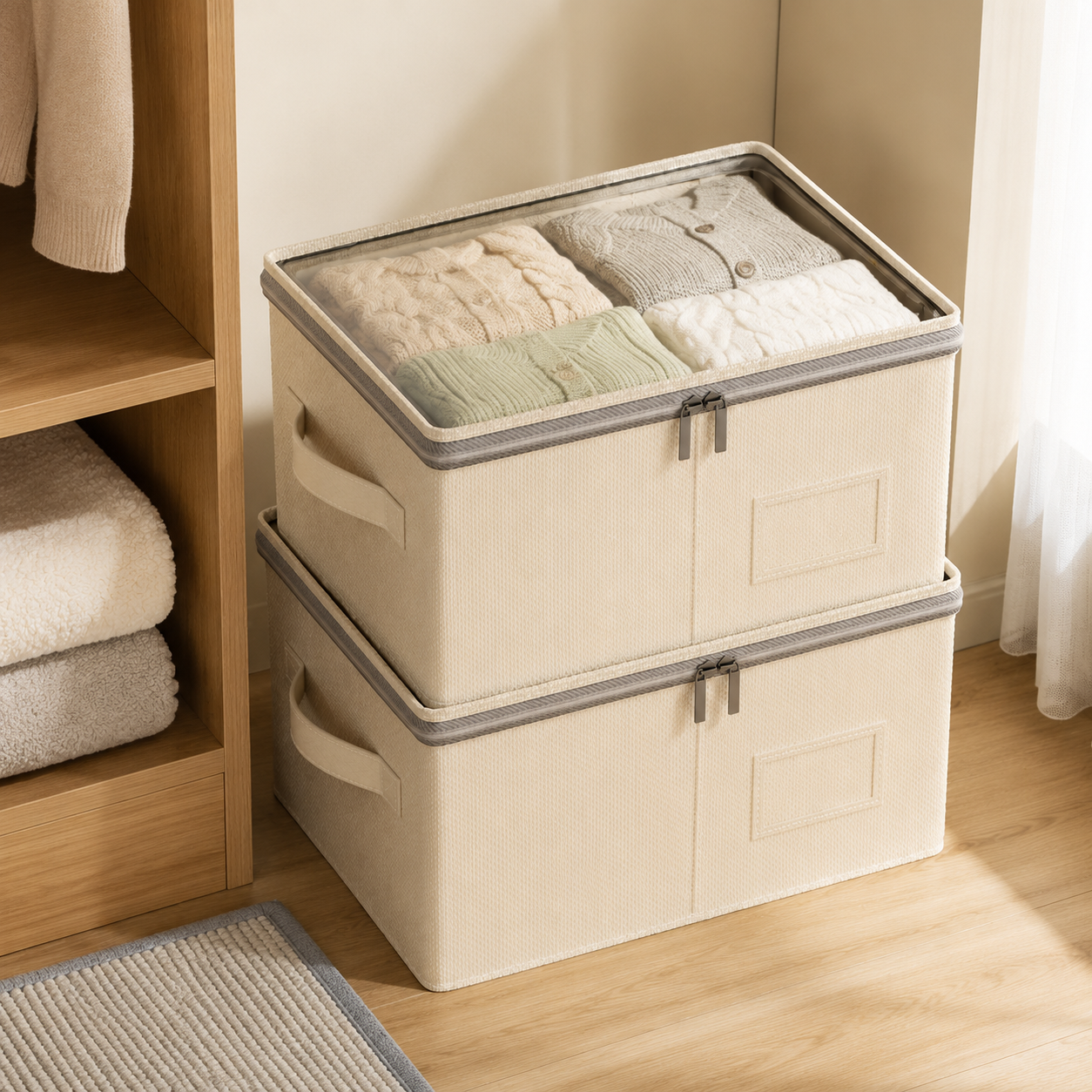 Stacked clear-top linen fabric storage boxes with folded sweaters