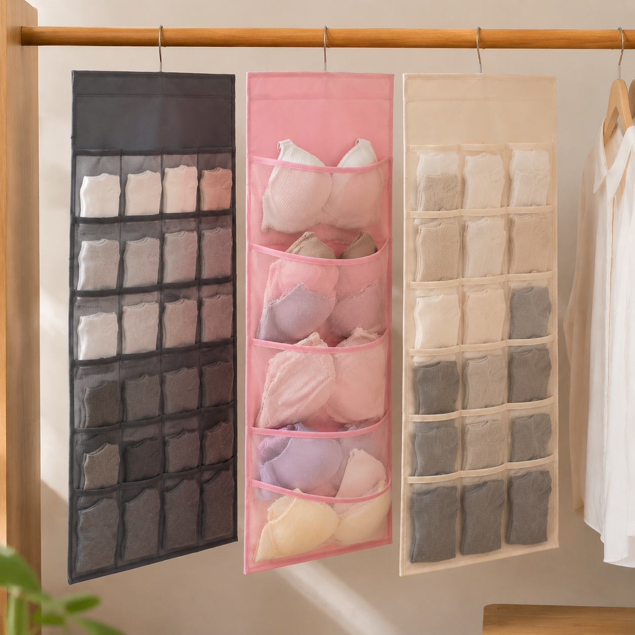 Gray pink and beige hanging closet organizers with realistic pocket contents