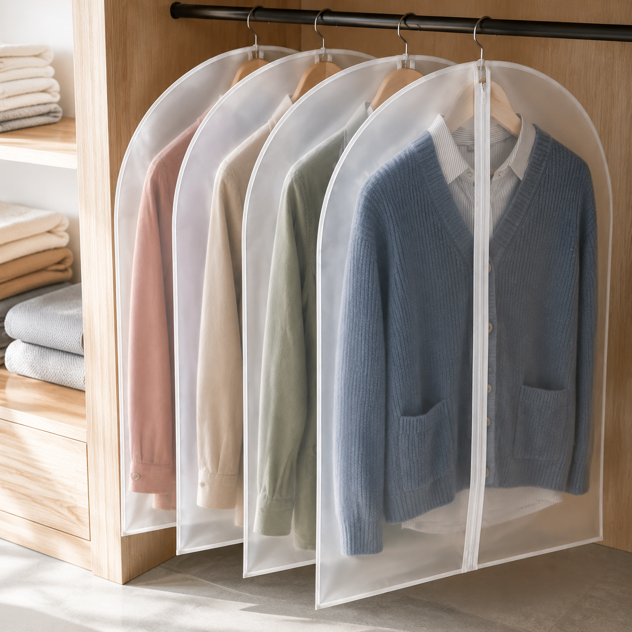 Zippered clear garment cover with blue cardigan in a minimal closet