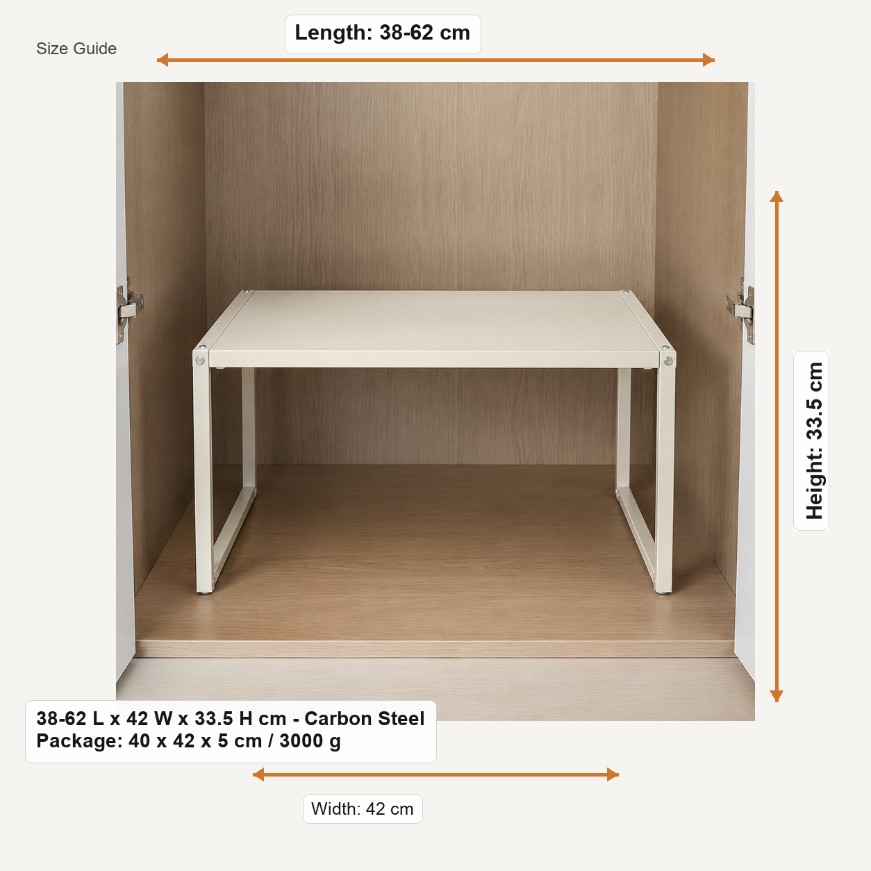 Size guide for 38-62 L x 42 W x 33.5 H cm - Carbon Steel