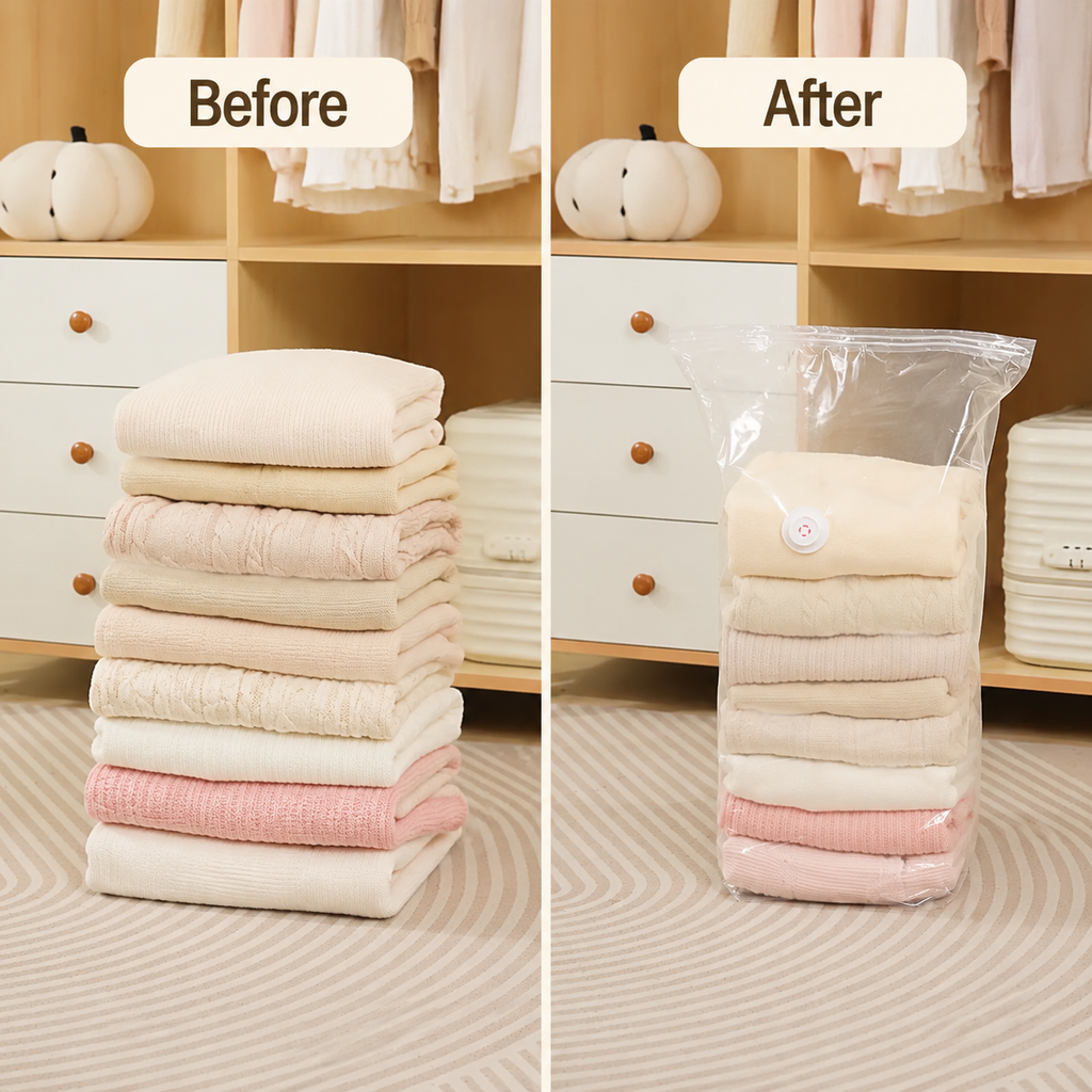 Before and after comparison for no-pump compression storage bags