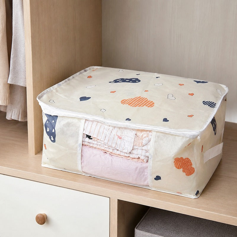 Beige Cloud Heart bedding storage bag on open closet shelf