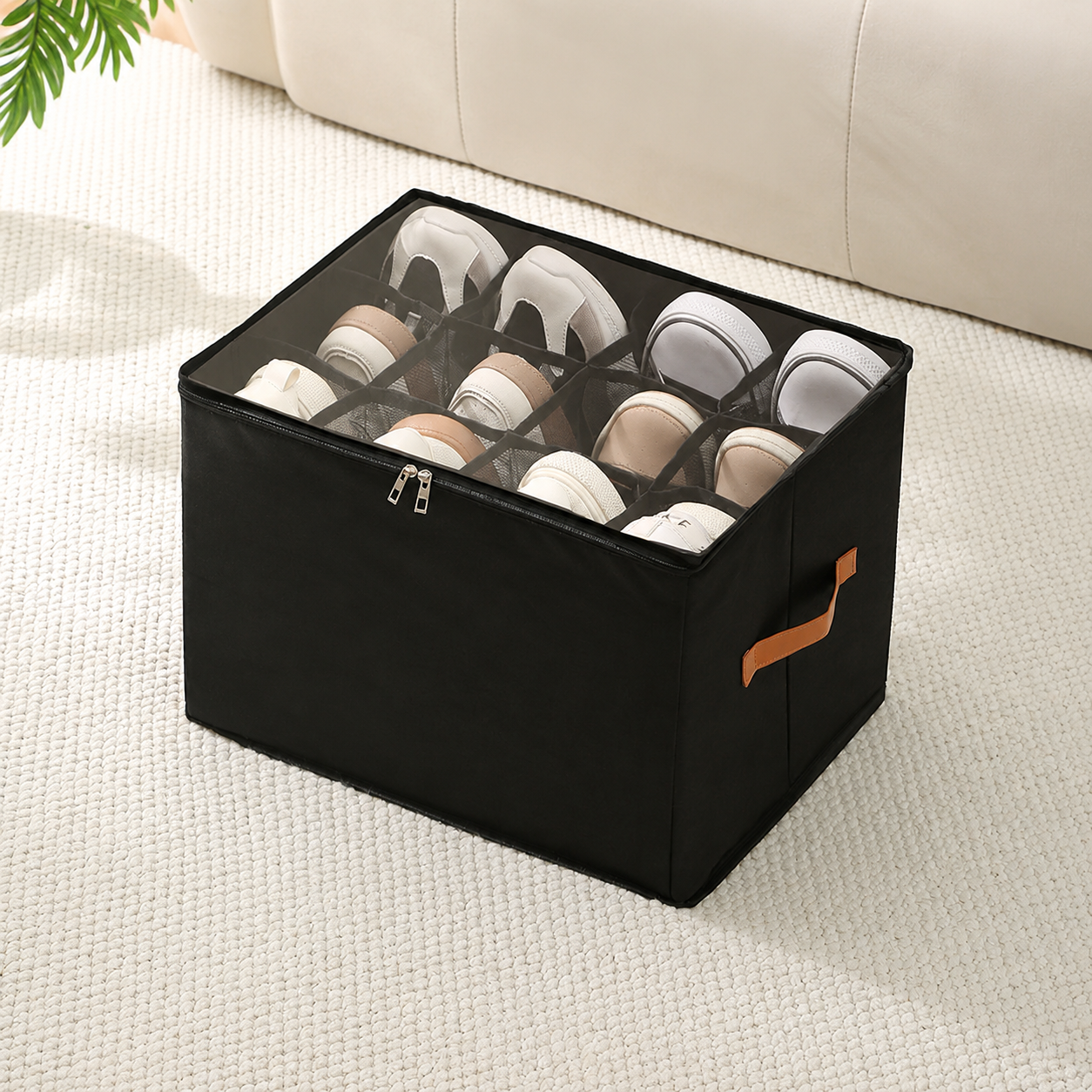 Black foldable shoe storage box with clear lid and natural shoe storage