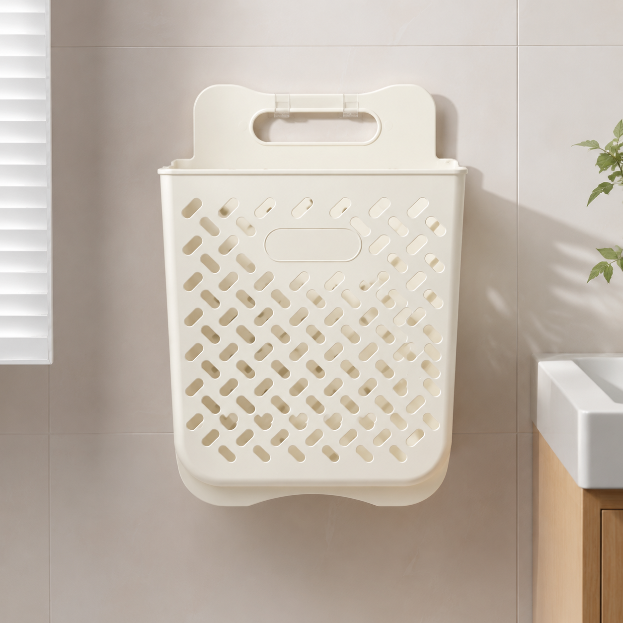 Cream white extra large wall-mounted laundry basket, 35 x 25 x 49 cm