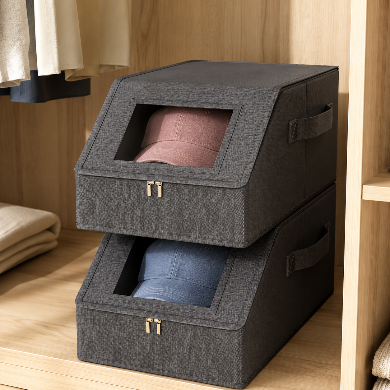 Dark gray clear-window baseball cap storage boxes stacked in a wardrobe