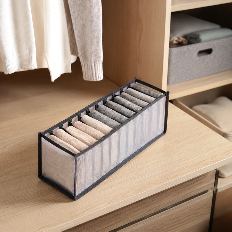 Grey 11-grid breathable mesh drawer organizer in closet